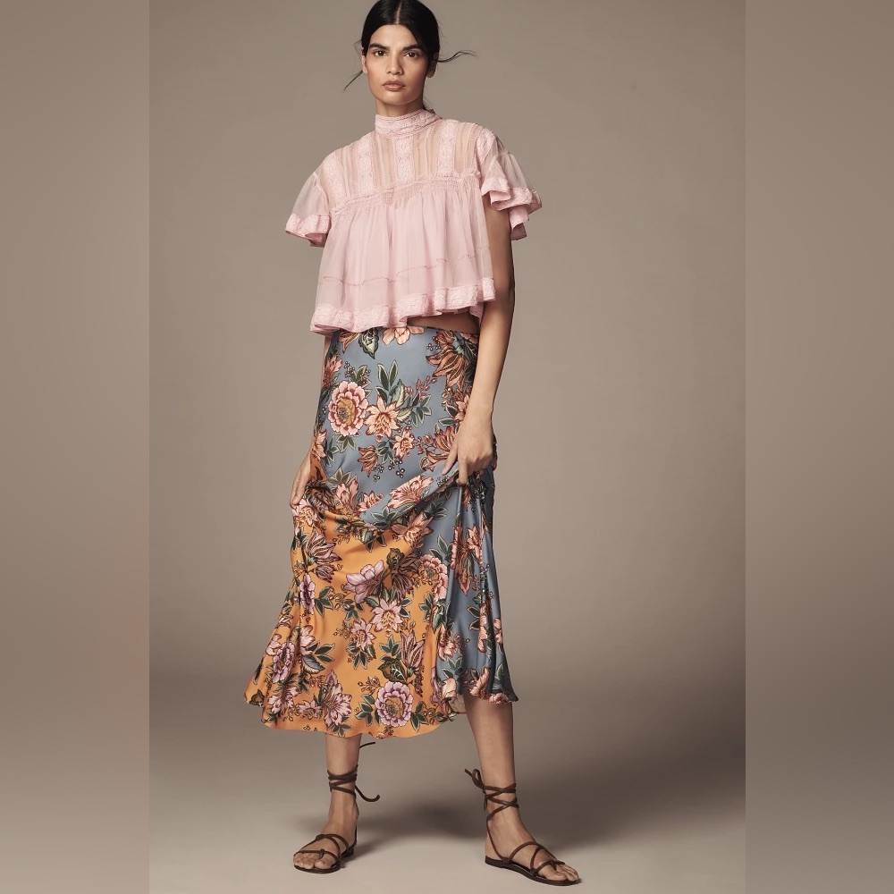 FARM Rio Two-Tone Floral Midi Skirt in Dusty Blue and Mustard